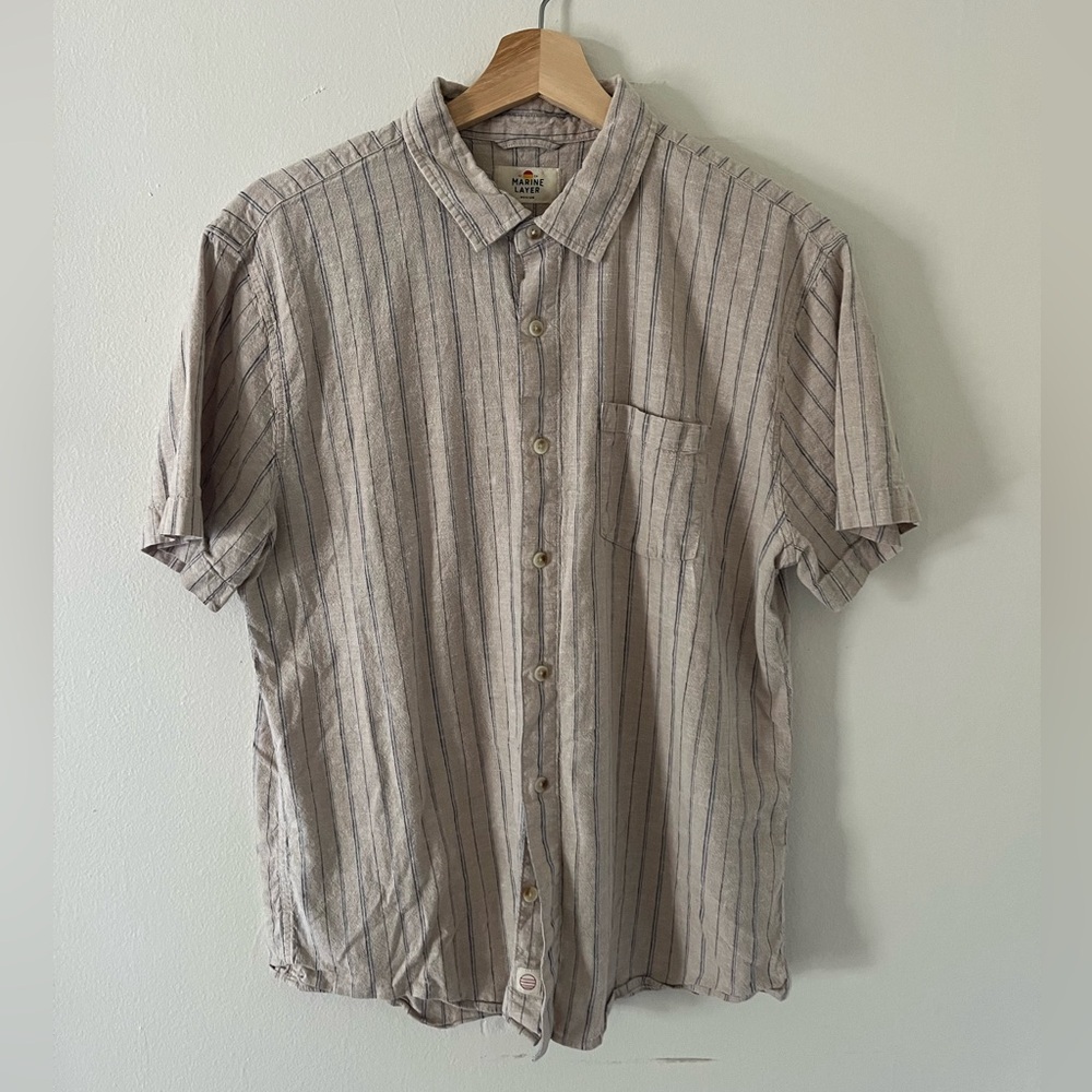 Marine Layer Beige and Gray Striped Casual Shirt Medium
